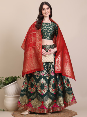 Harshiv Textile Self Design Semi Stitched Lehenga Choli(Green)