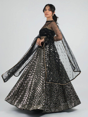 Trendmalls Embroidered Semi Stitched Lehenga Choli(Black, Gold)