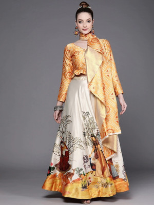 kaizen International Bandhani, Printed, Digital Print Semi Stitched Lehenga & Crop Top(Yellow, White, Multicolor)