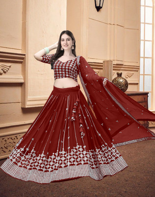 F Plus fashion Embroidered Semi Stitched Lehenga & Crop Top(Maroon)