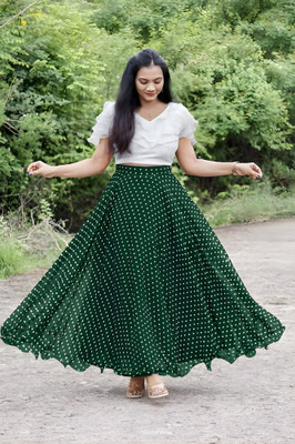 Zestleaf Polka Print Stitched Lehenga & Crop Top(Green)