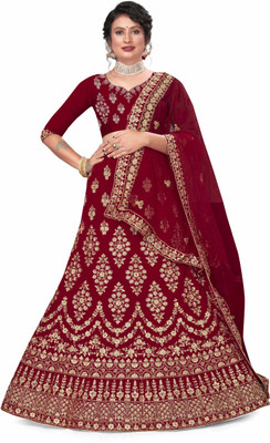 HERE&NOW Embroidered Semi Stitched Lehenga Choli(Maroon)