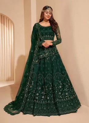 SkyTara Embellished Semi Stitched Lehenga Choli(Dark Green)