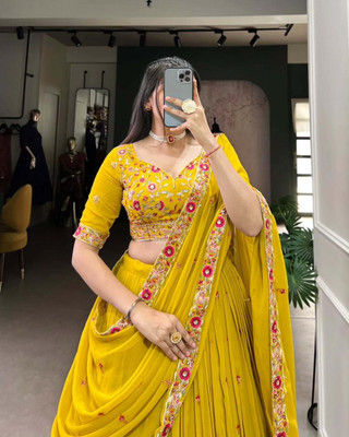 MITRABIZ Embroidered Semi Stitched Lehenga Choli(Yellow)