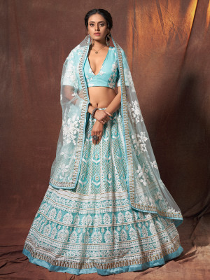 odette Embroidered Semi Stitched Lehenga Choli(Blue)