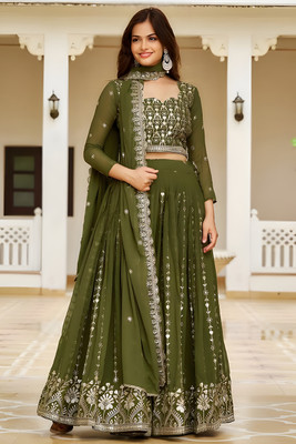 Fabricfantacia Self Design Semi Stitched Lehenga Choli(Green)