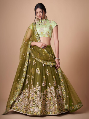 odette Embroidered Semi Stitched Lehenga Choli(Green)