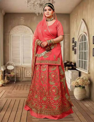 Bhawani Collection Embroidered Semi Stitched Rajasthani Poshak(Pink)