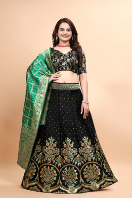 Julee Embellished Semi Stitched Lehenga Choli(Black, Green)