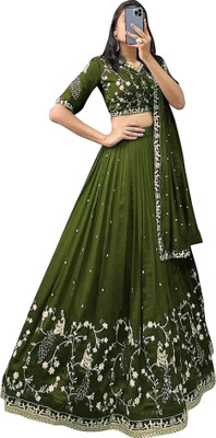 Santosafashion Embroidered, Self Design Semi Stitched Lehenga Choli(Green)