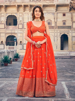 FAB WINDOW Embroidered Semi Stitched Lehenga Choli(Orange)