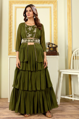 CHHELAJI Embroidered Stitched Lehenga with Jacket(Green)