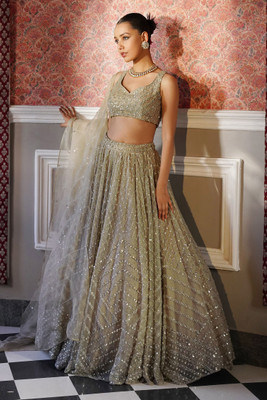 Trijal Fab Embroidered Semi Stitched Lehenga Choli(Beige)