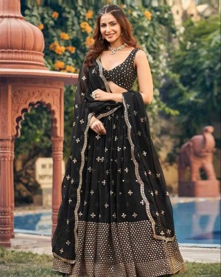 Fashionuma Self Design Stitched Lehenga Choli(Black)