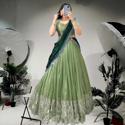 JENIJENI BIZ Self Design Semi Stitched Lehenga Choli(Green)