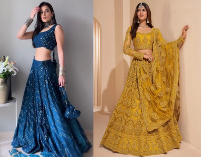 Reelove Factory Embroidered Semi Stitched Lehenga Choli(Dark Blue, Yellow)