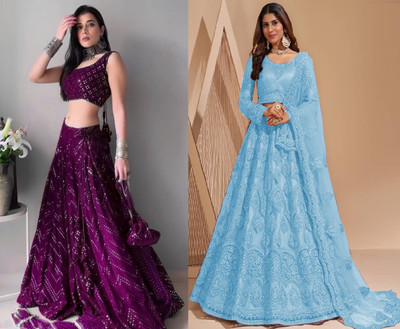 Reelove Factory Embroidered Semi Stitched Lehenga Choli(Purple, Light Blue)