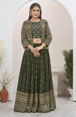 Odd by chansi Trendz Embroidered Stitched Lehenga with Jacket(Dark Green)