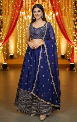 Kedar Fab Embroidered Semi Stitched Lehenga Choli(Blue)