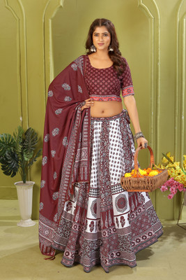 KRISHU ETHNICS Digital Print Semi Stitched Lehenga Choli(Maroon, White)