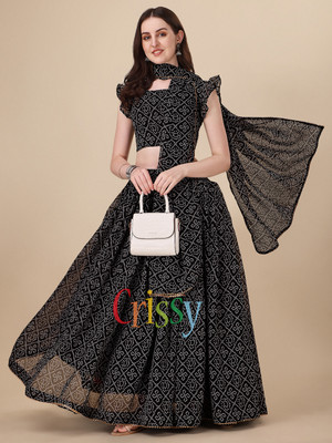 Crissy Bandhani, Digital Print Semi Stitched Lehenga Choli(Black)