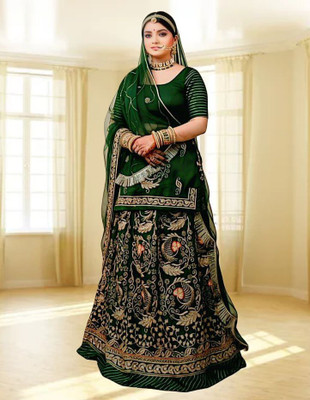 Bhawani Collection Embroidered Semi Stitched Rajasthani Poshak(Dark Green)