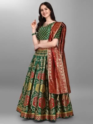 QUEDDY'S Printed Semi Stitched Lehenga Choli(Green)