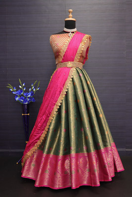 Pionex Floral Print, Self Design Semi Stitched Lehenga Choli(Green)
