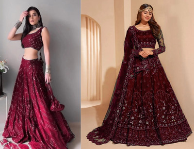 Cute Fellow Embroidered Semi Stitched Lehenga Choli(Maroon, Maroon)