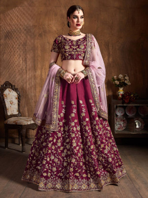 odette Embroidered Semi Stitched Lehenga Choli(Maroon)