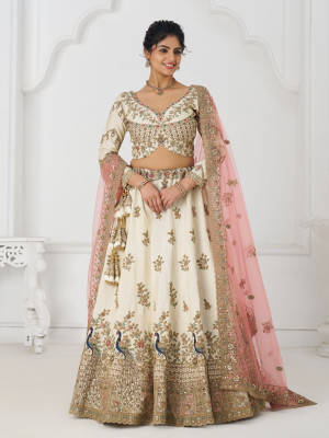 odette Embroidered Semi Stitched Lehenga Choli(White)