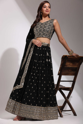 Fabcartz Embroidered Semi Stitched Lehenga Choli(Black)