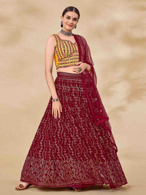 odette Embroidered Semi Stitched Lehenga Choli(Maroon)