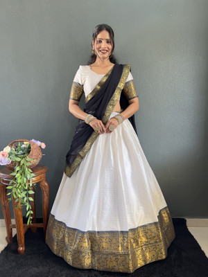 KRISHU ETHNICS Embroidered Semi Stitched Lehenga Choli(White, Black)