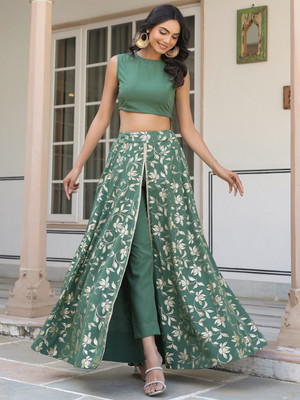 Janasya Floral Print Stitched Lehenga Choli(Green)