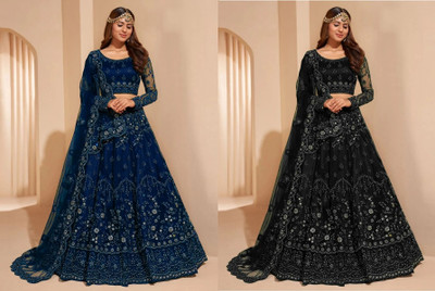 Cute Fellow Embroidered Semi Stitched Lehenga Choli(Black, Dark Blue)