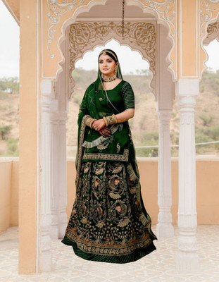 Bhawani saree center Embroidered Semi Stitched Rajasthani Poshak(Dark Green)