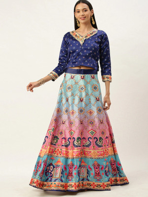 Kaizen Internatioanal Digital Print Semi Stitched Lehenga & Crop Top(Blue)