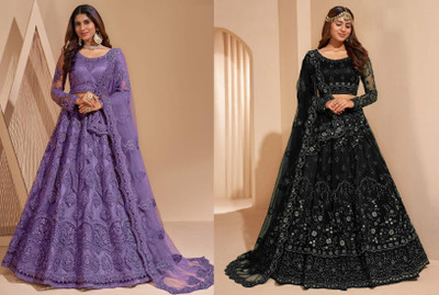 Cute Fellow Embroidered Semi Stitched Lehenga Choli(Purple, Black)