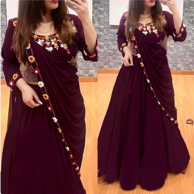 kamaldesigner Embroidered Semi Stitched Lehenga & Crop Top(Purple)