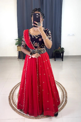 JENIJENI BIZ Self Design Semi Stitched Lehenga Choli(Red)