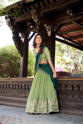 Julee Embroidered Semi Stitched Lehenga Choli(Light Green)
