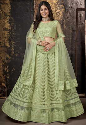 Cute Fellow Embroidered Semi Stitched Lehenga Choli(Light Green)