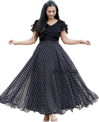 Nakum Bros Polka Print Stitched Lehenga & Crop Top(Black)