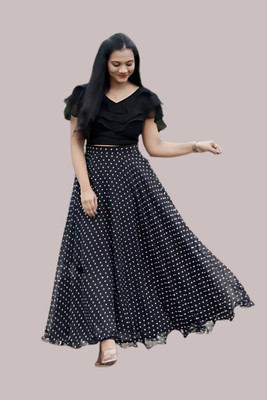 Nakuumbros Polka Print Stitched Lehenga & Crop Top(Black)