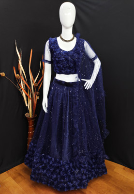Atierking Embroidered Semi Stitched Lehenga Choli(Blue)