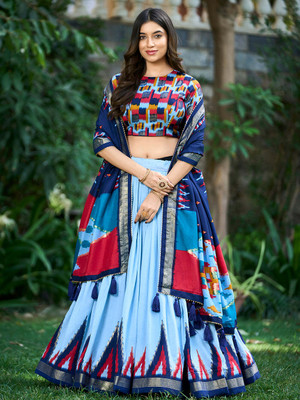 KRISHU ETHNICS Floral Print Semi Stitched Lehenga Choli(Light Blue)