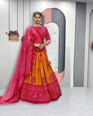 MITRABIZ Printed Semi Stitched Lehenga Choli(Yellow)