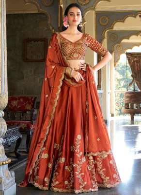 MAN PRIYA TRENDZ Embroidered Semi Stitched Lehenga Choli(Orange)