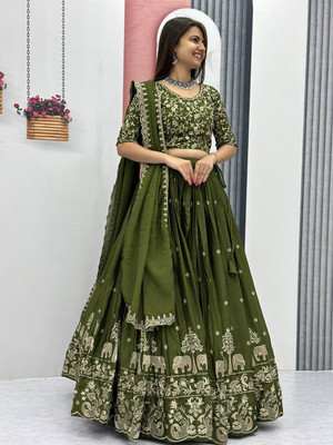 Closin Embroidered Semi Stitched Lehenga Choli(Green)
